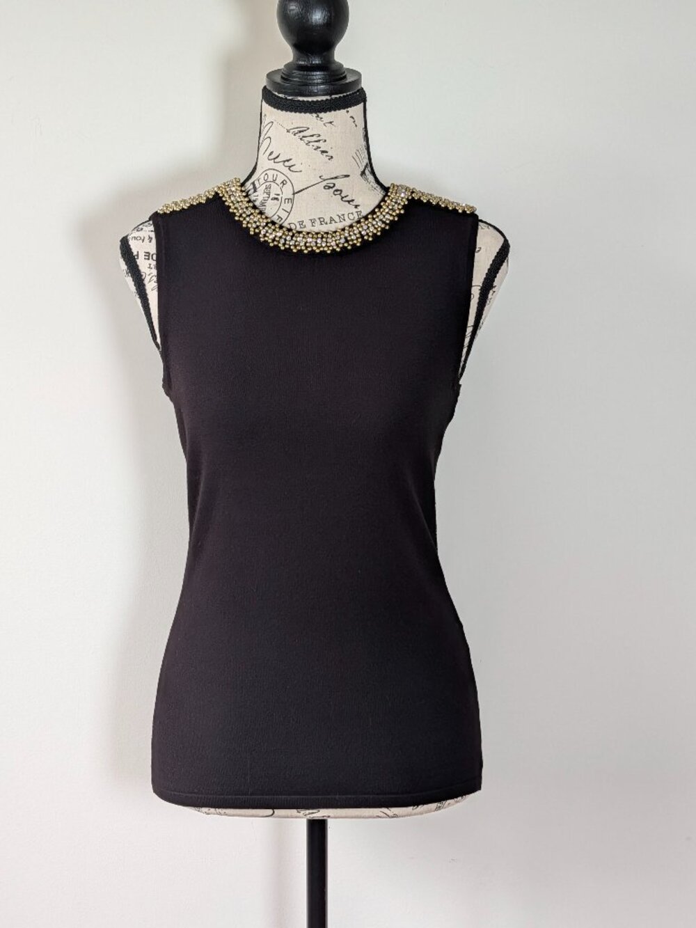 White House Black Market Black Beaded Neck Sleeveless Top XS